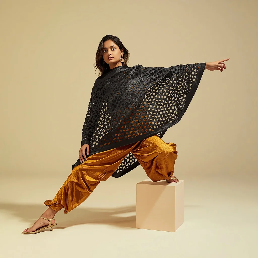 Full Body Dense Laser-Cut Leather Gold Saree Straddle Pose | gemini girl photo prompt saree - New 10 Playful Young Girl Saree AI Prompts for Pet Therapy Sessions AI Prompt