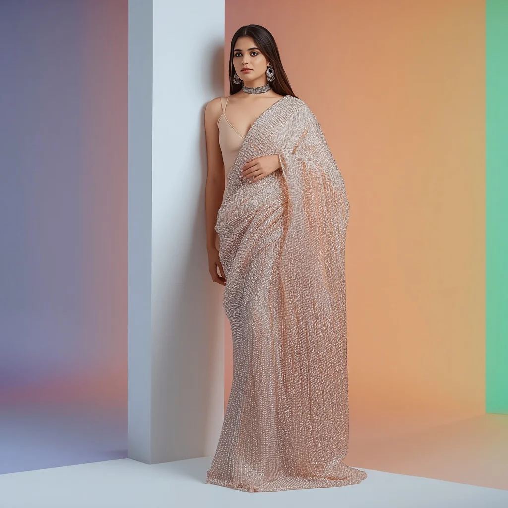 Full Body Massive Glass-Bead Woven Saree Wall Lean | stylish girl prompt generator - Top 10 Modern Teen Saree AI Prompts for Science Fair Presentations AI Prompt