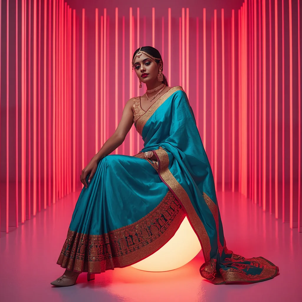 Full Body Thick Ceramic Temple Border Saree Sitting on Glowing Orb | saree prompt for chatgpt in english - New 10 Playful Young Girl Saree AI Prompts for Pet Therapy Sessions AI Prompt