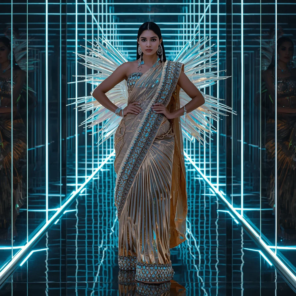 Futuristic Chrome Lightning Saree Couture with Infinity Neon Prism Reflection Hall Background | cute prompt for girls in saree for instagram - Best 10 Serene Child Saree AI Prompts for Garden Pond Reflections AI Prompt