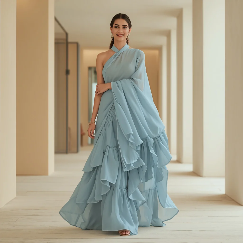 Get the Look: Trending Indo-Western Saree Fusion Pose, Powder Blue Ruffle Saree with Halter Blouse and Architecture Backdrop | ChatGPT photo editing prompts for girl copy paste - Top 10 Charming Teen Saree AI Image Prompts for School Band Concerts AI Prompt