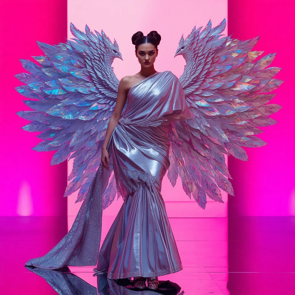 Giant 3D Sculpted Silver Phoenix Saree with Iridescent Glass Feathers | aesthetic saree ai prompt - Classic Pastel Silk Saree AI Image Prompts for Subtle Sophistication AI Prompt