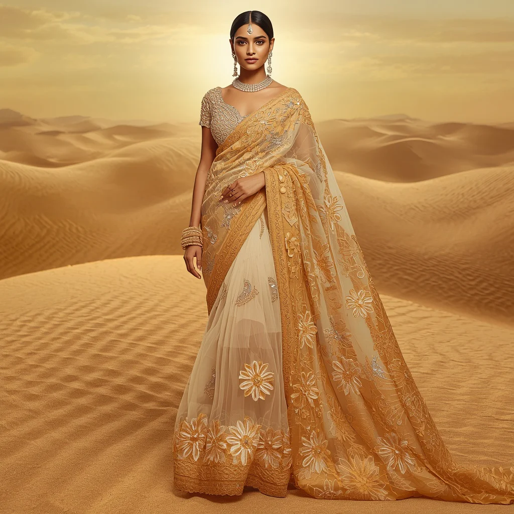 Giant Crystal Sand Bloom Saree With Golden Mirage Desert Background | Prompt seen Gemini girl Instagram - New 10 Traditional Young Girl Saree AI Prompts for Cultural Dance Practice AI Prompt