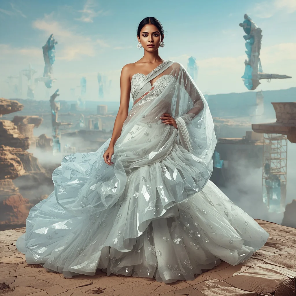 Giant Floating Crystal Petal Storm Saree With Sky Canyon Background | new ai prompt chatgpt - New 10 Traditional Young Girl Saree AI Prompts for Cultural Dance Practice AI Prompt