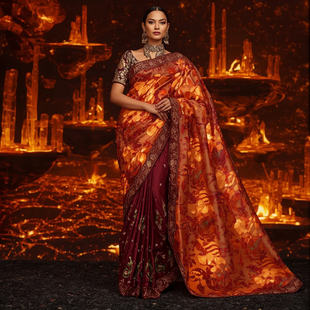 Giant Floating Lava Crystal Saree With Fire Glass Universe Background | cute prompt for girls in saree in english - Best 10 Artistic Child Saree AI Prompts for Cartoon Character Designs AI Prompt