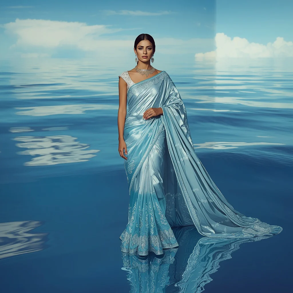 Giant Floating Mirror Ocean Saree With Infinite Reflection Background | retro style prompt for gemini girl in saree in english - New 10 Traditional Young Girl Saree AI Prompts for Cultural Dance Practice AI Prompt