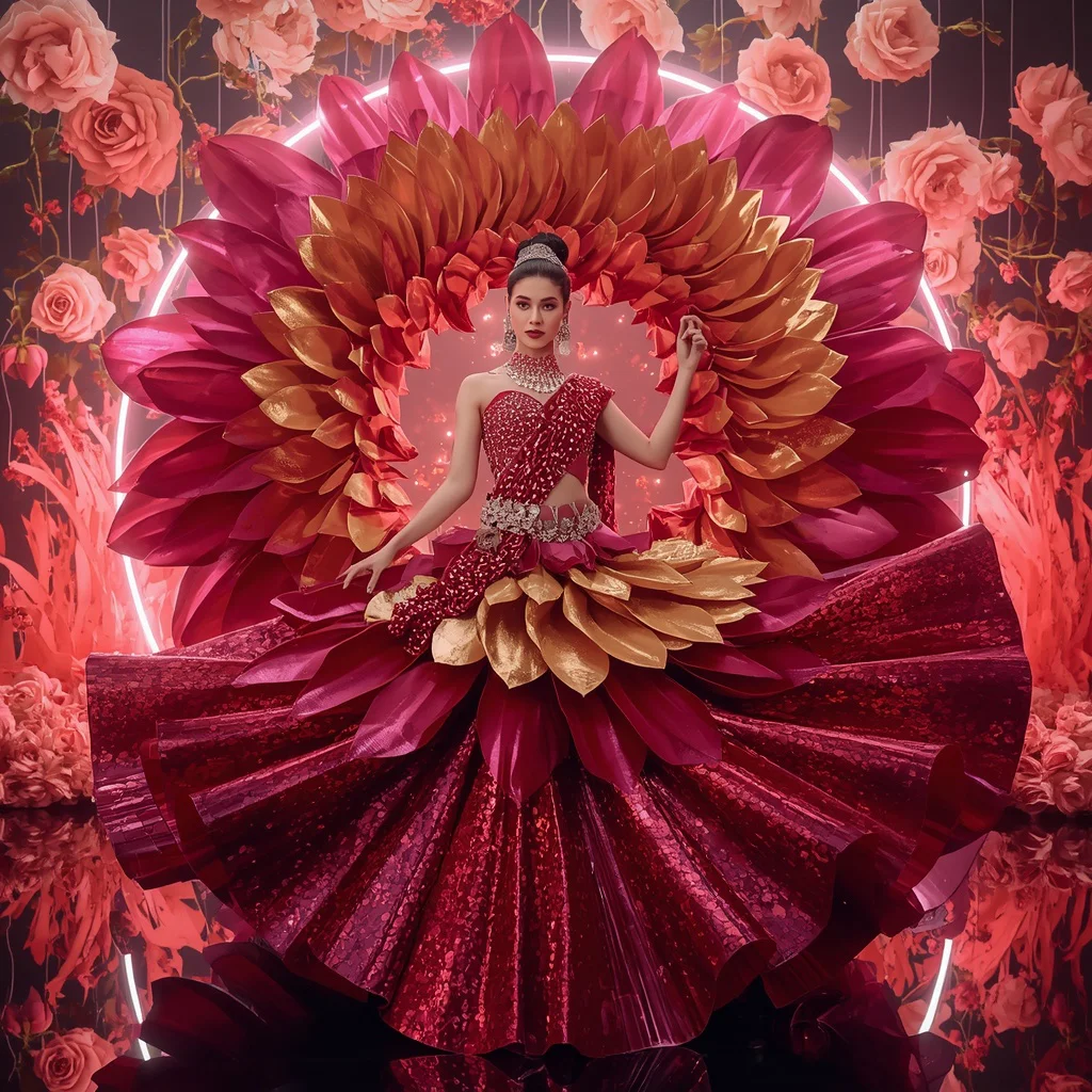 Giant Flower Explosion Saree with Floating Bloom Tunnel | chatgpt photo editing prompts trending girl - Artistic Batik Print Saree AI Prompts for Bohemian Style AI Prompt