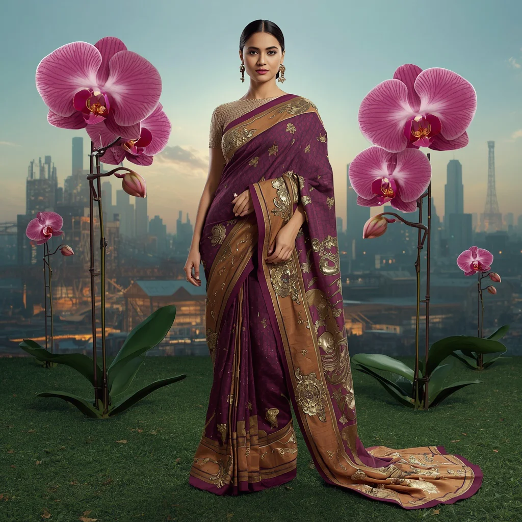 Giant Mechanical Orchid Sky Saree With Industrial Garden Background | chatgpt photo editing prompts new - New 10 Traditional Young Girl Saree AI Prompts for Cultural Dance Practice AI Prompt