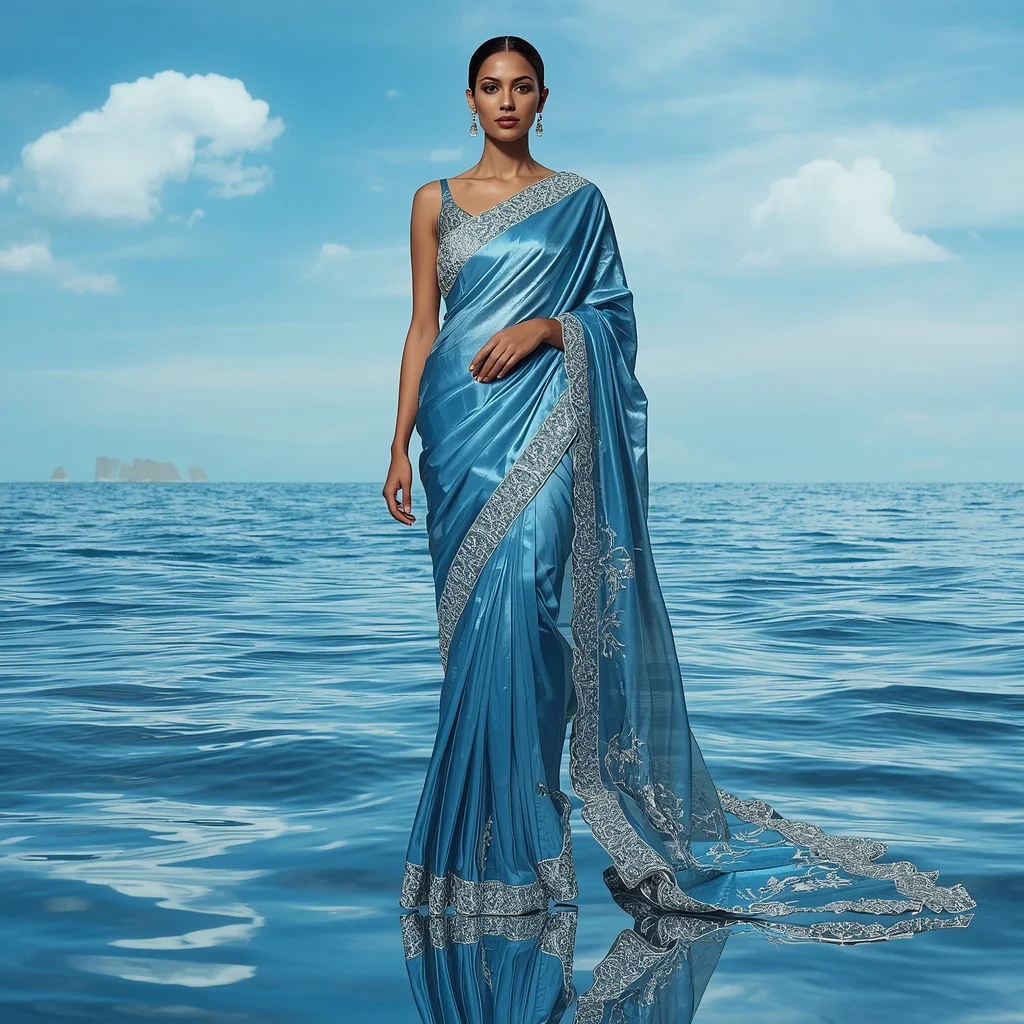 Giant Mirror Silk Ocean Saree With Infinite Reflection Water World Background | ChatGPT saree prompt in english - New 10 Traditional Young Girl Saree AI Prompts for Cultural Dance Practice AI Prompt