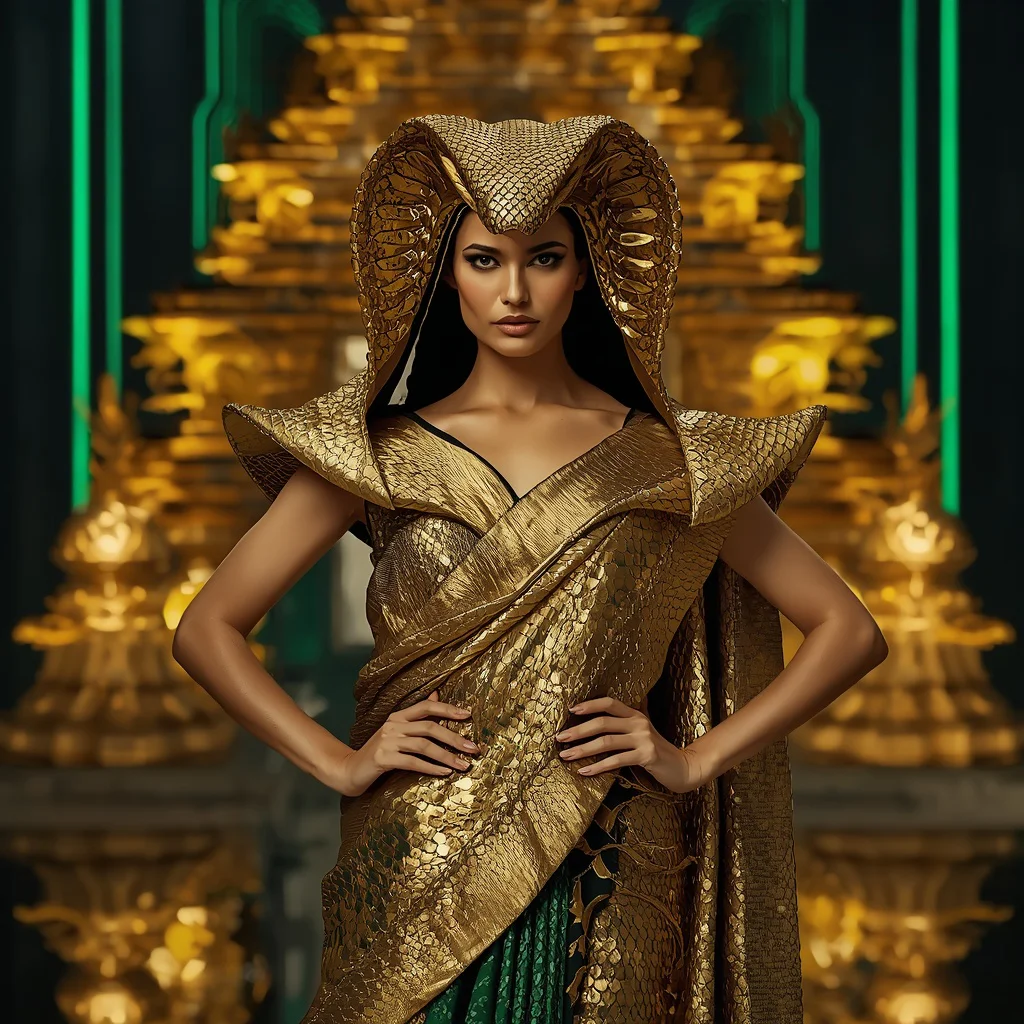 Golden Cobra Crown Saree with Royal Neon Temple | saree prompt seen - Artistic Batik Print Saree AI Prompts for Bohemian Style AI Prompt