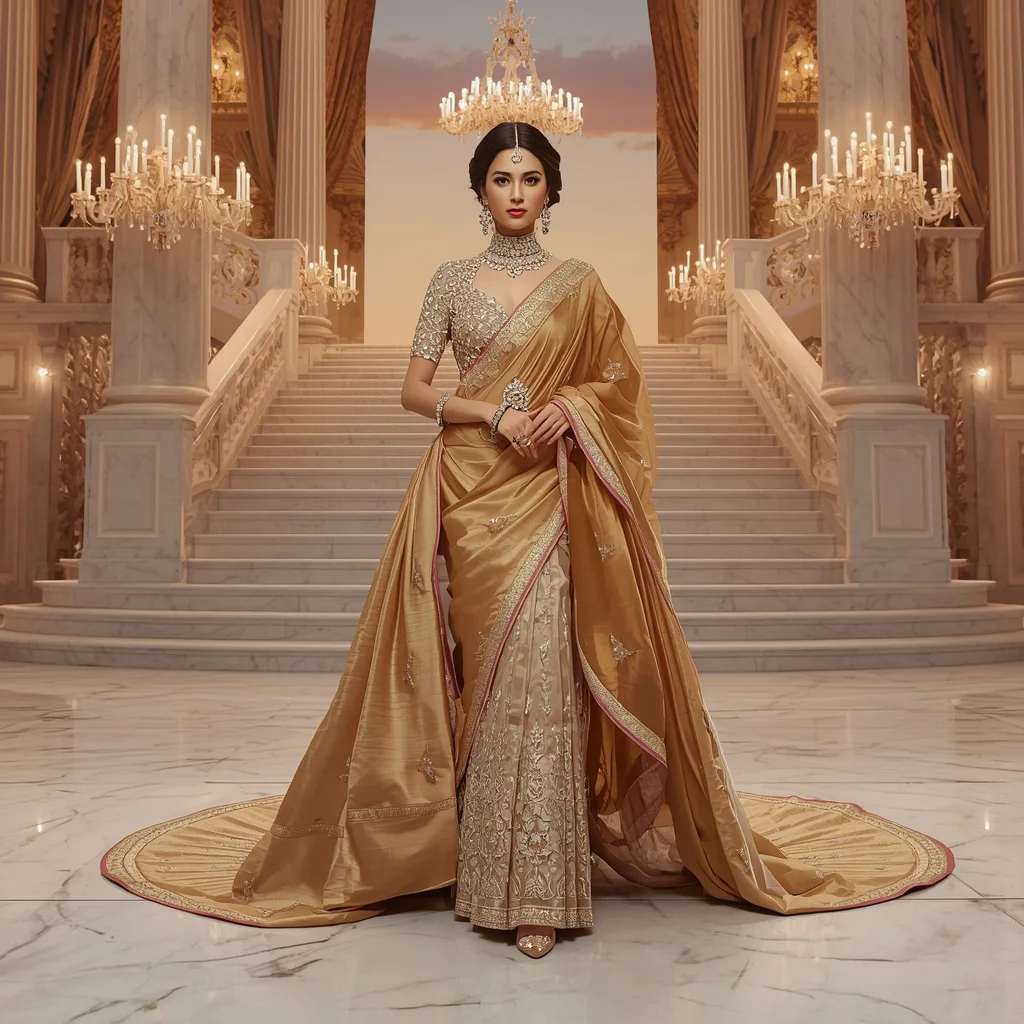 Golden Maharani Sunburst Couture Festival Saree with Imperial Crystal Ballroom | trending, saree gemini prompt - Artistic Painted Saree AI Prompts for Unique Expression AI Prompt