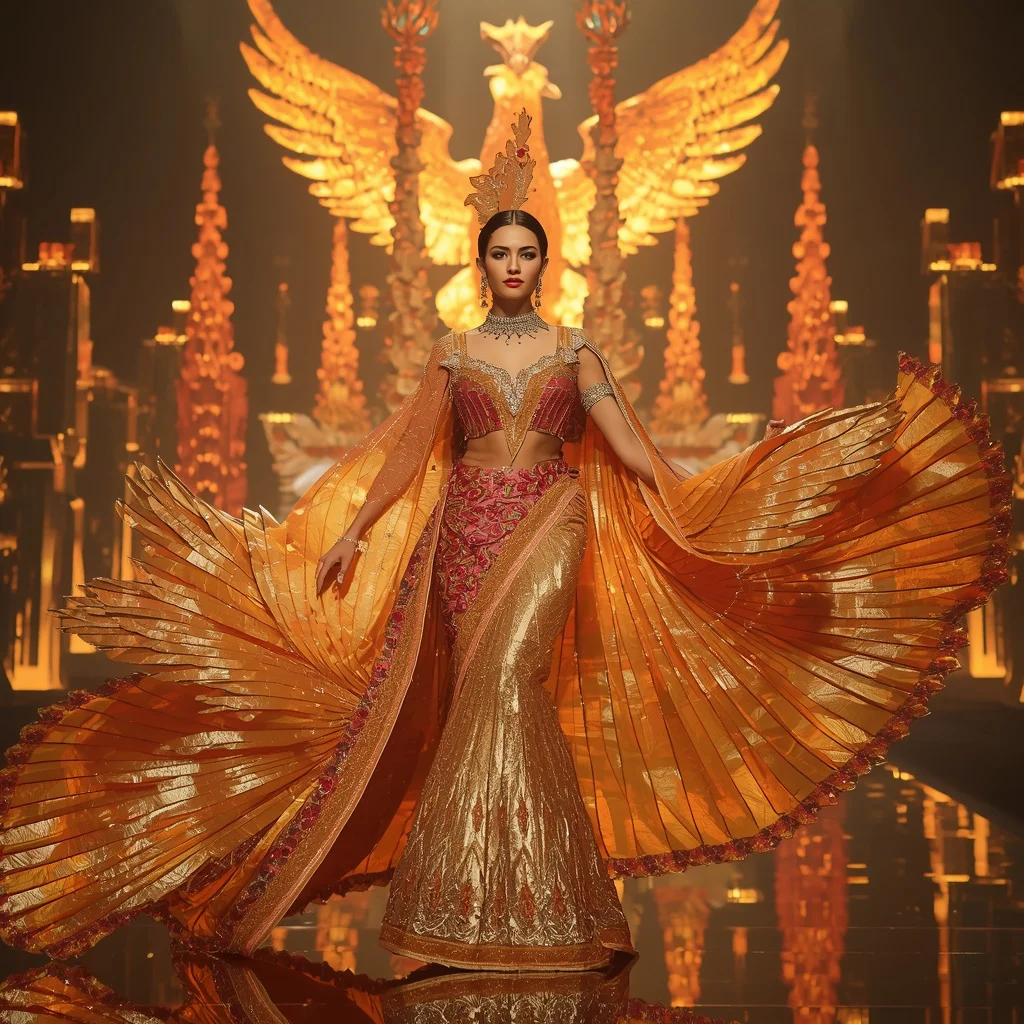 Golden Phoenix Cathedral Saree with Floating Flame Crown City | prompt generator from image - Best 10 Artistic Child Saree AI Prompts for Cartoon Character Designs AI Prompt