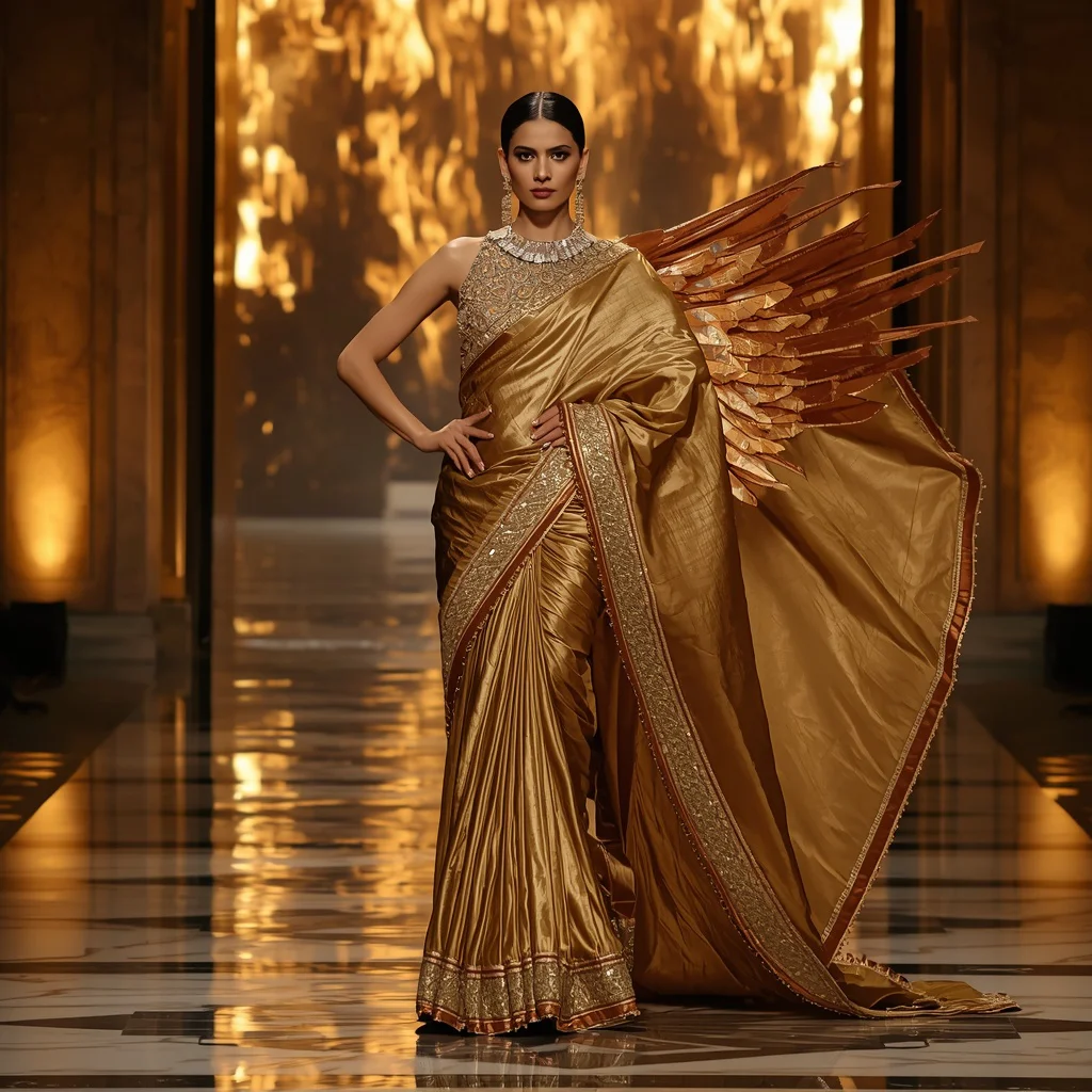 Golden Phoenix Diamond Queen Saree – Heavy Metallic Couture Saree with Catwalk Pose and Golden Flame Hall Background | new instagram trending photo editing prompt - Ethereal Pastel Handloom Saree AI Prompts for Serene Retreats AI Prompt