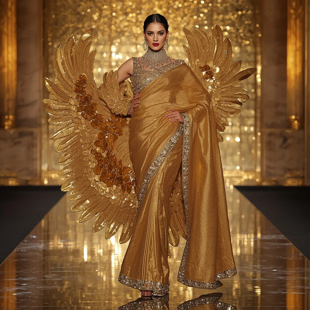 Golden Phoenix Galaxy Saree – Heavy Metallic Couture Saree with Catwalk Pose and Golden Crystal Runway Background | saree prompt generator - New 10 Playful Young Girl Saree AI Prompts for Story Time Sessions AI Prompt