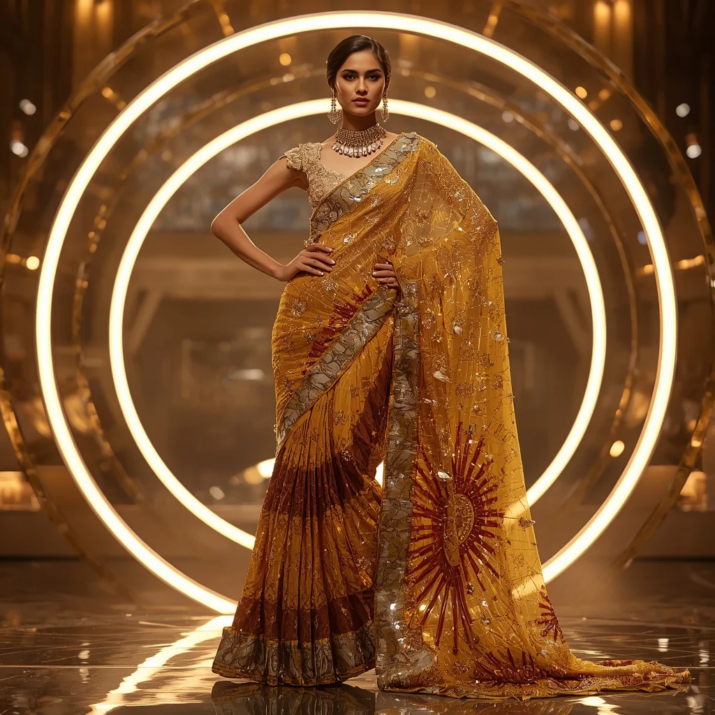 Golden Sunburst Halo Saree with Circular Light Sanctuary | new chat gpt prompt trend - Top 10 Charming Teen Saree AI Image Prompts for School Art Exhibitions AI Prompt