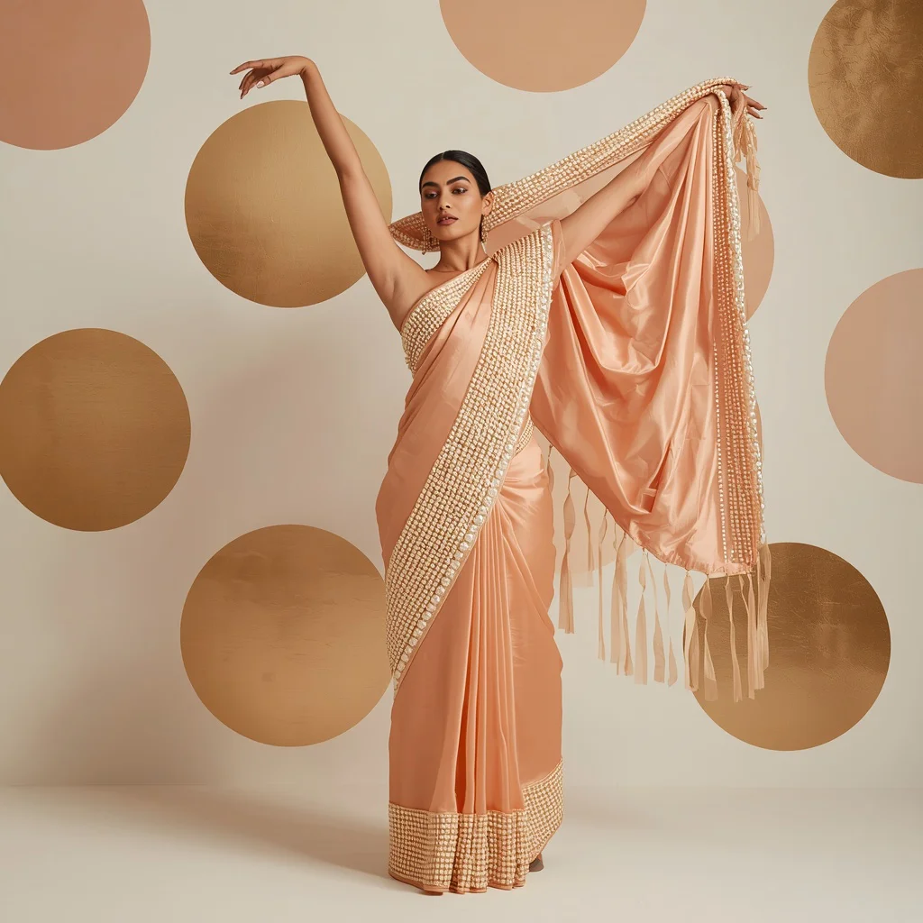 Heavy Pearl Borders & Molten Glass Saree | Pallu Lift Above Arm Grace Pose | trending prompt in instagram ai photo - Best 10 Serene Child Saree AI Prompts for Forest Stream Contemplation AI Prompt