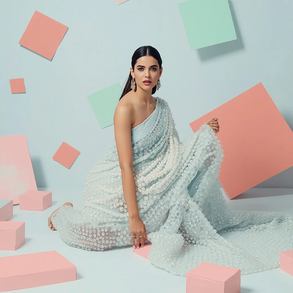 Heavy Pearl Clusters & Liquid Crystal Saree | Superhero Landing Pose for Reels | saree profile pic ai prompt - Top 10 Charming Teen Saree AI Image Prompts for School Band Concerts AI Prompt