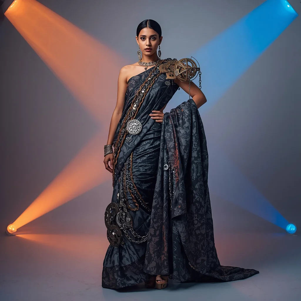 Heavy Steampunk Oxidized Silver Saree with 3D Clockwork Planetarium | prompt seen saree girl - Classic Pastel Silk Saree AI Image Prompts for Subtle Sophistication AI Prompt