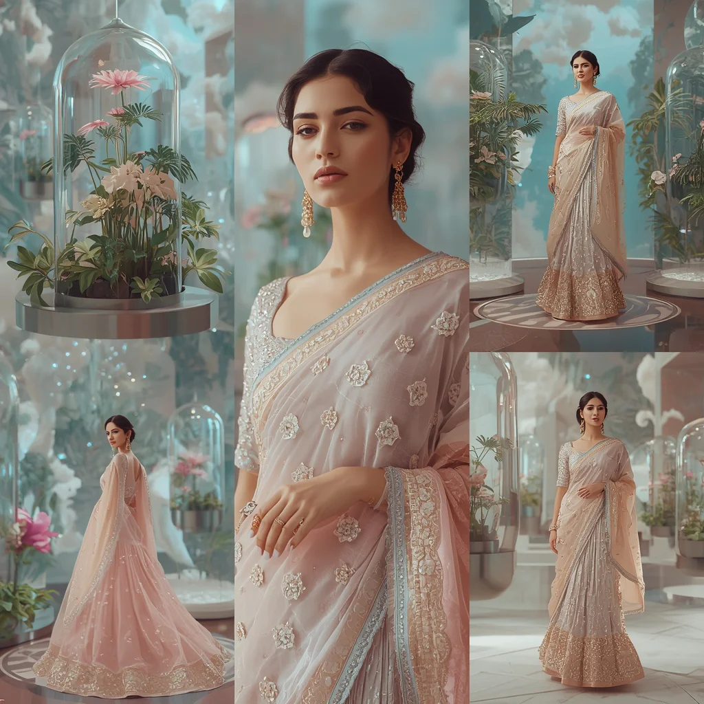 High Fashion Pastel Saree Luxury Floating Botanical Cloud Laboratory Editorial Collage | prompt for girls college - Traditional Uppada Silk Saree AI Image Prompts for Royal Appeal AI Prompt