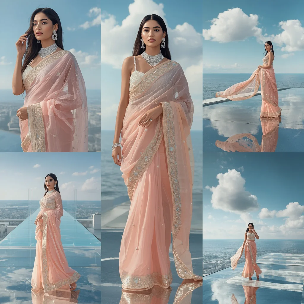 High Fashion Pastel Saree Luxury Giant Floating Mirror Ocean Sky Resort Editorial Collage | trending purple saree prompt for gemini - Traditional Uppada Silk Saree AI Image Prompts for Royal Appeal AI Prompt
