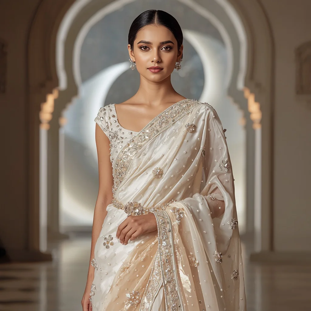 Ivory Pearl Moonlight Saree with Crescent Arch Palace | new trending prompt chatgpt link - Top 10 Charming Teen Saree AI Image Prompts for School Art Exhibitions AI Prompt