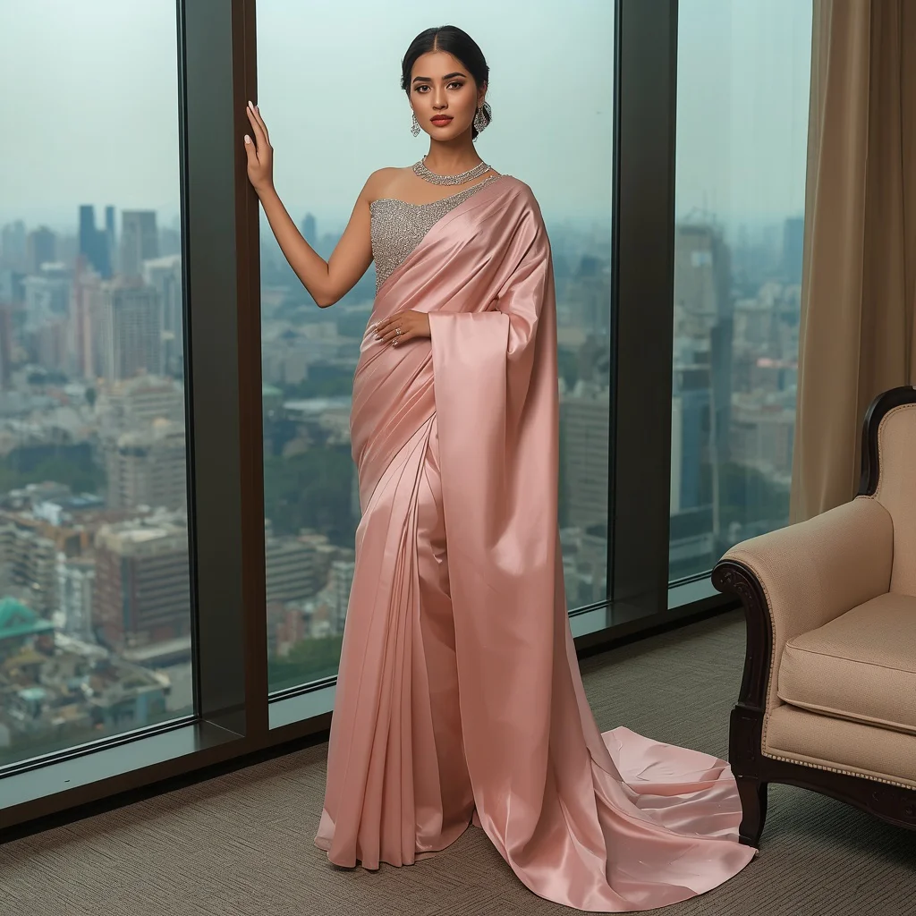 Korean Crystal Aurora Saree – Elegant Celebrity Saree with Window Pose and Seoul Skyline Luxury Background | prompt for Gemini AI girl natural images - New 10 Playful Young Girl Saree AI Prompts for Story Time Sessions AI Prompt