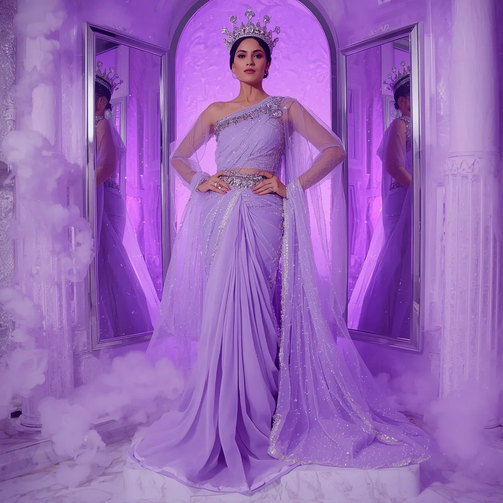 Lavender Frozen Crown Saree – Modern Party Saree with Fashion Pose and Lavender Ice Castle Background | ai photo prompt for girls college - Ethereal Pastel Handloom Saree AI Prompts for Serene Retreats AI Prompt