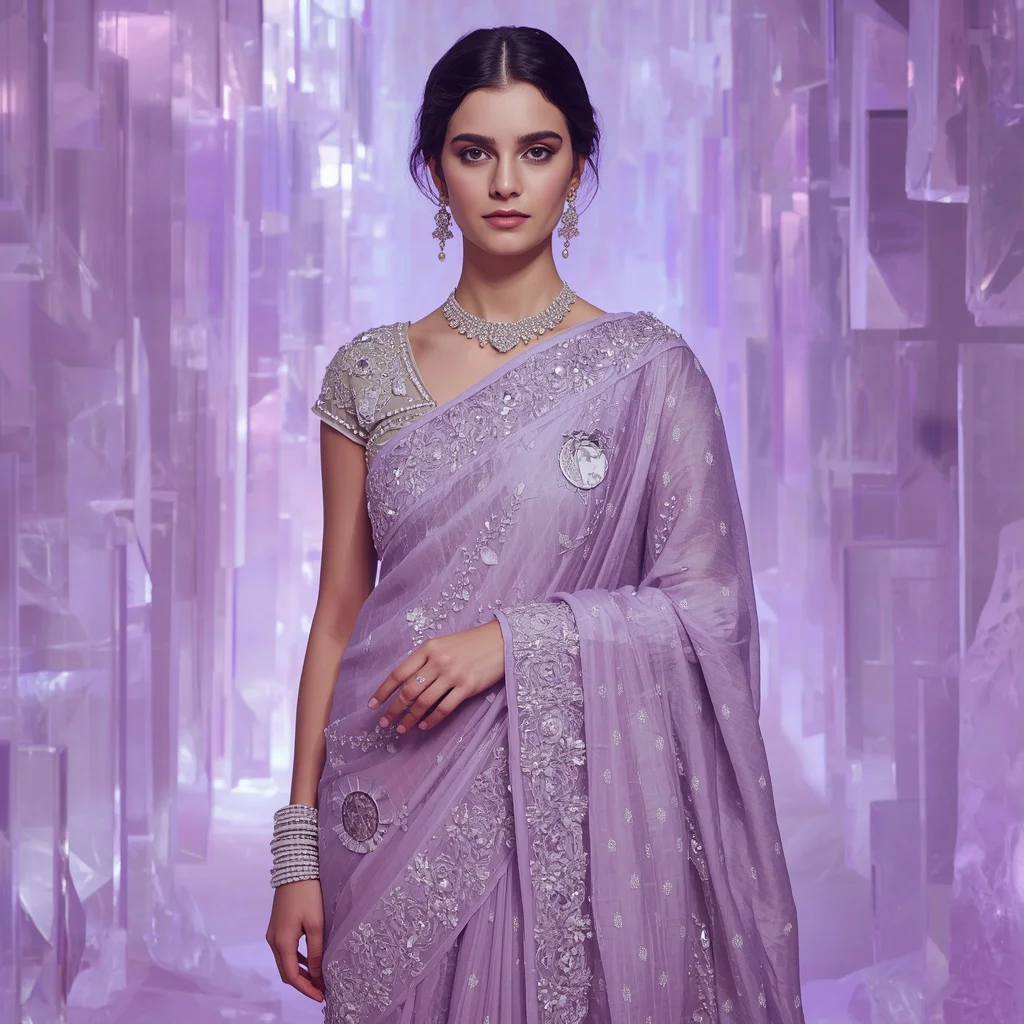Lavender Moonstone Prism Saree with Floating Crystal Hall | ai new prompt free download - Top 10 Charming Teen Saree AI Image Prompts for School Art Exhibitions AI Prompt