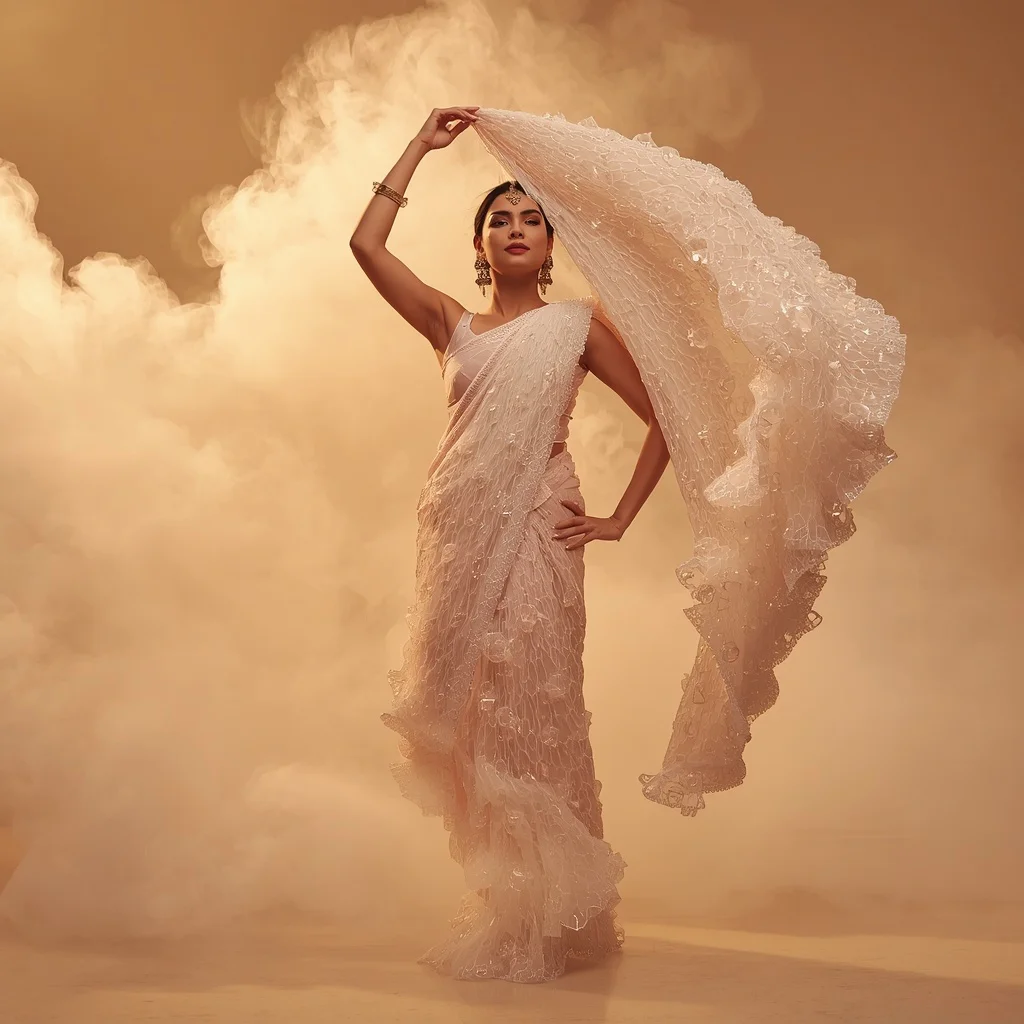 Liquid Crystal & Thick Macrame Web Saree | Pallu Front Toss Soft Motion Pose | prompt seen girl ai photo editing - Best 10 Serene Child Saree AI Prompts for Forest Stream Contemplation AI Prompt