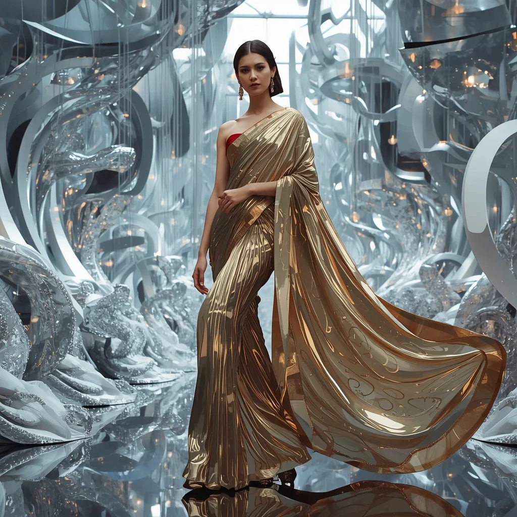 Liquid Metal Ribbon Saree with Floating Couture Sculpture Park | best prompt for ai image generator free - Professional Grey Saree AI Image Prompts for Modern Offices AI Prompt