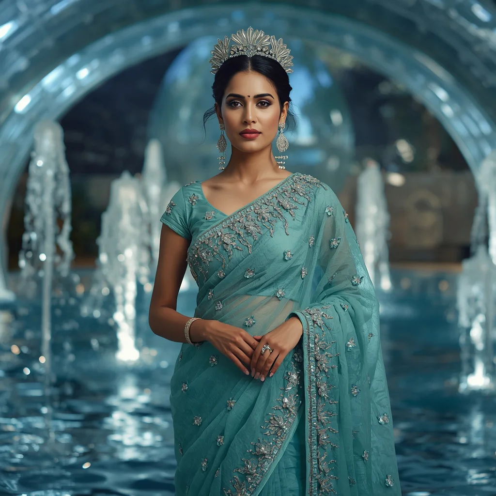 Luxury Aqua Lotus Crown Saree Fashion with Water Crystal Dome Background | best ai prompts for realistic photos - Top 10 Modern Teen Saree AI Prompts for Science Fair Presentations AI Prompt
