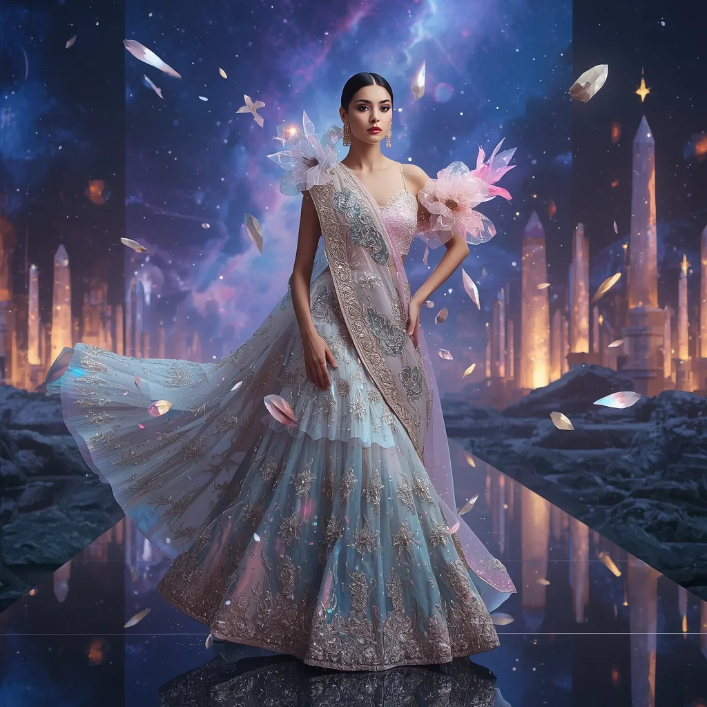 Luxury Crystal Meteor Garden Saree with Cosmic Flower Impact Valley | new trending purple saree prompt today - Professional Grey Saree AI Image Prompts for Modern Offices AI Prompt