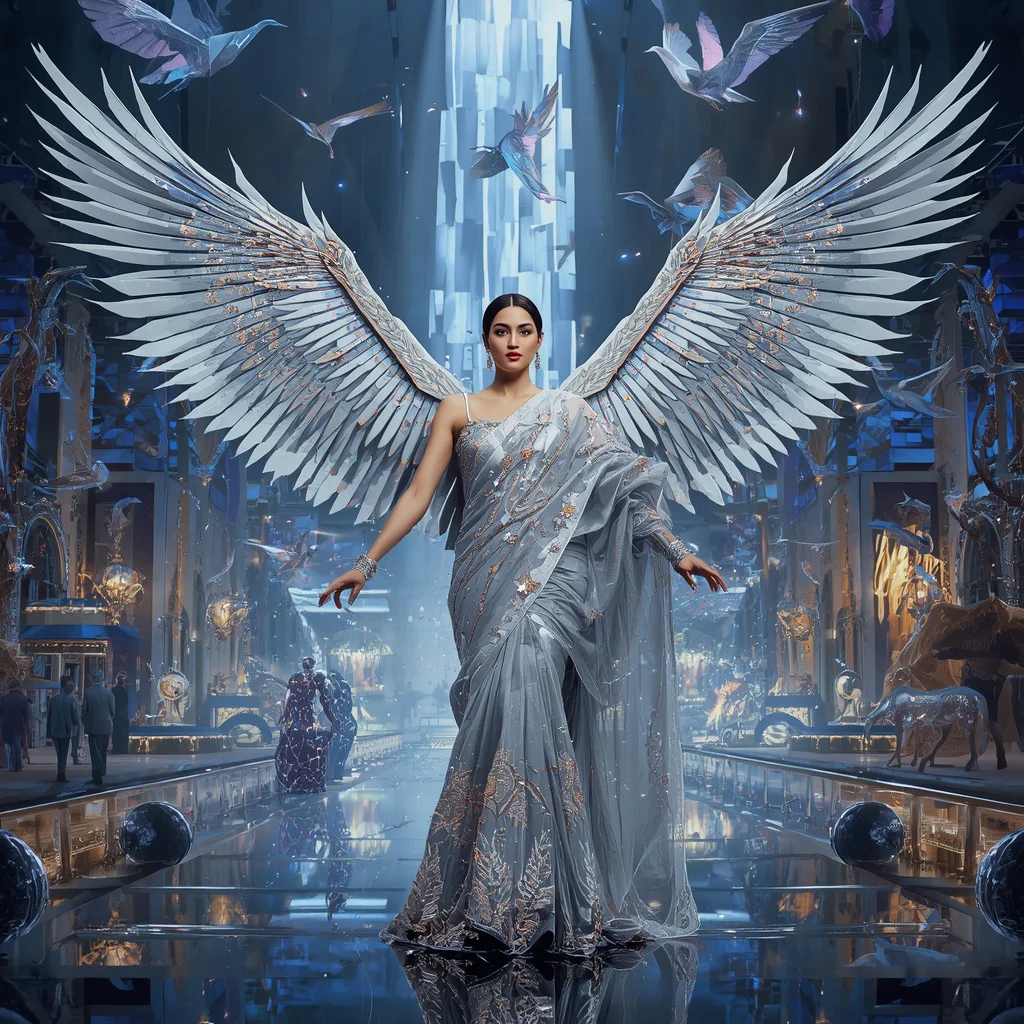 Luxury Crystal Origami Bird Saree with Sky Migration Kingdom | traditional saree prompt for wedding pdf - Ethereal Pastel Handloom Saree AI Prompts for Serene Retreats AI Prompt