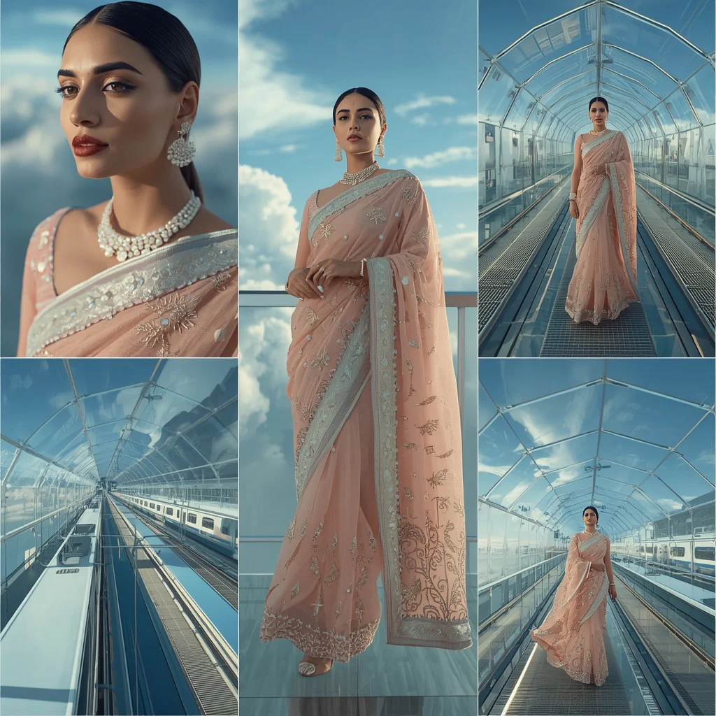 Luxury Designer Pastel Saree Inside Grand Floating Glass Cloud Train Station Editorial Collage | instagram prompt for girls in saree - Traditional Uppada Silk Saree AI Image Prompts for Royal Appeal AI Prompt