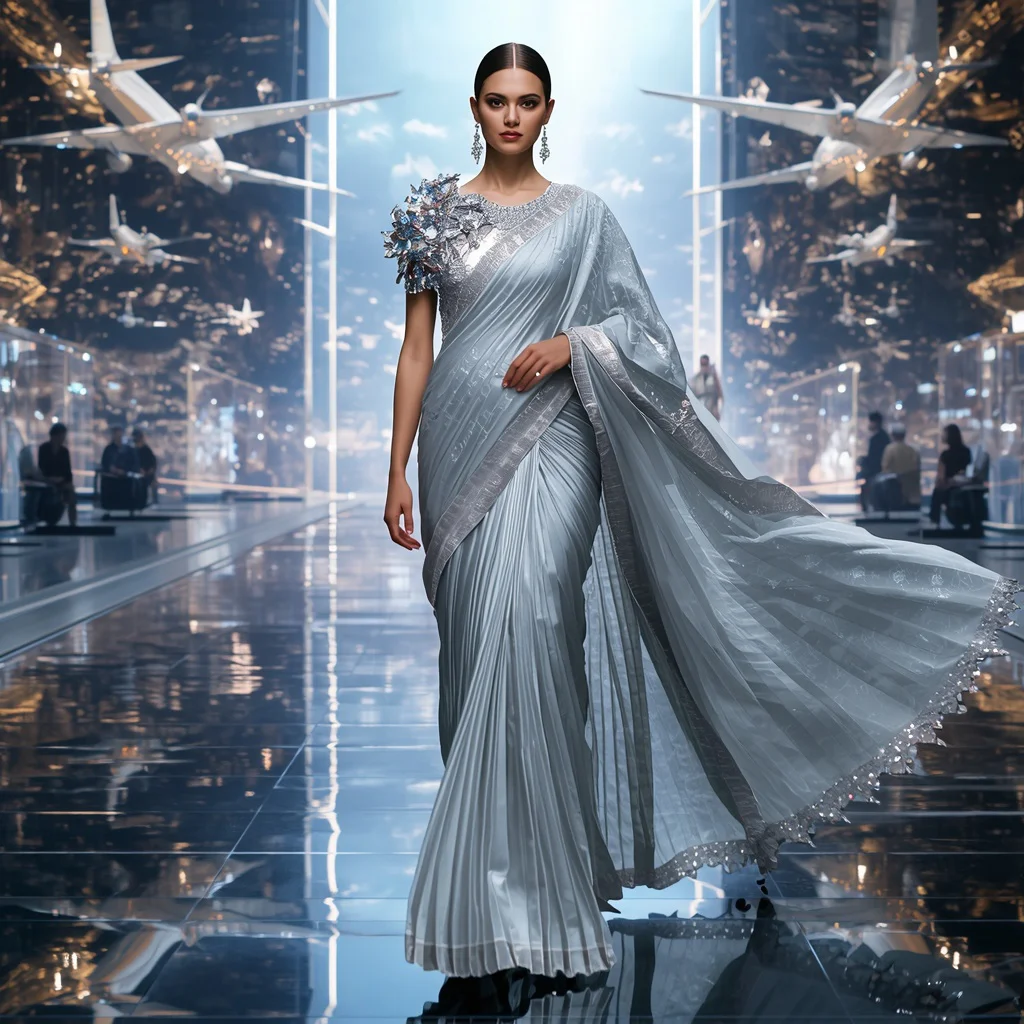 Luxury Fashion Airport Saree with Floating Crystal Airways | Instagram prompt for girl in saree pic - Top 10 Modern Teen Saree AI Prompts for Fashion Design Workshops AI Prompt