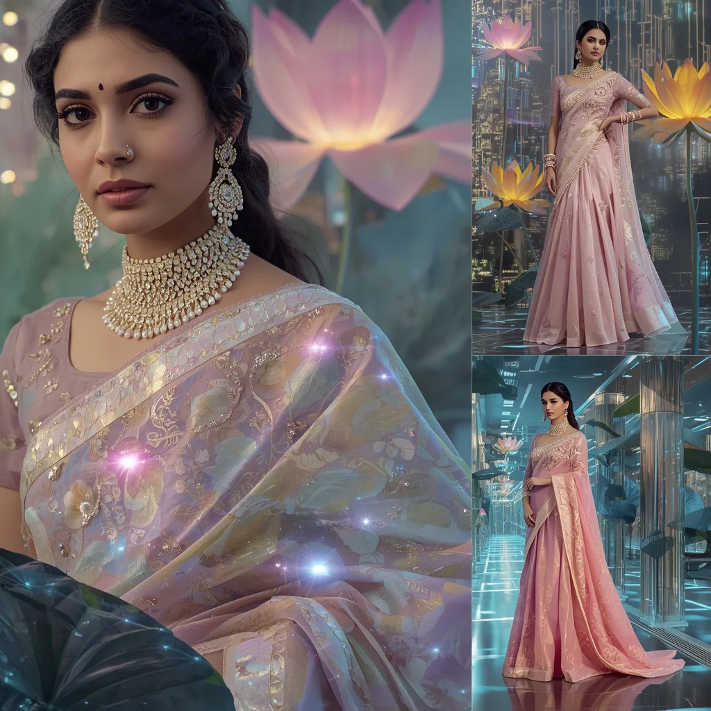 Luxury Festive Pastel Saree Giant Floating Crystal Lotus Data City Editorial Collage | prompt for gemini ai girl in saree 2026 - Traditional Uppada Silk Saree AI Image Prompts for Royal Appeal AI Prompt