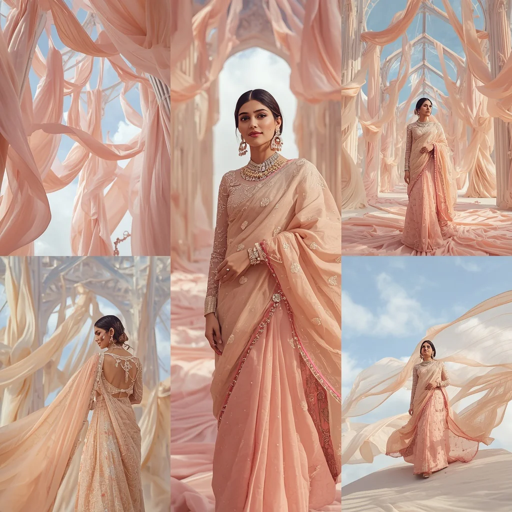 Luxury Festive Pastel Saree Grand Floating Silk Ribbon Sky Cathedral Editorial Collage | new ai prompt for image generation - Traditional Uppada Silk Saree AI Image Prompts for Royal Appeal AI Prompt