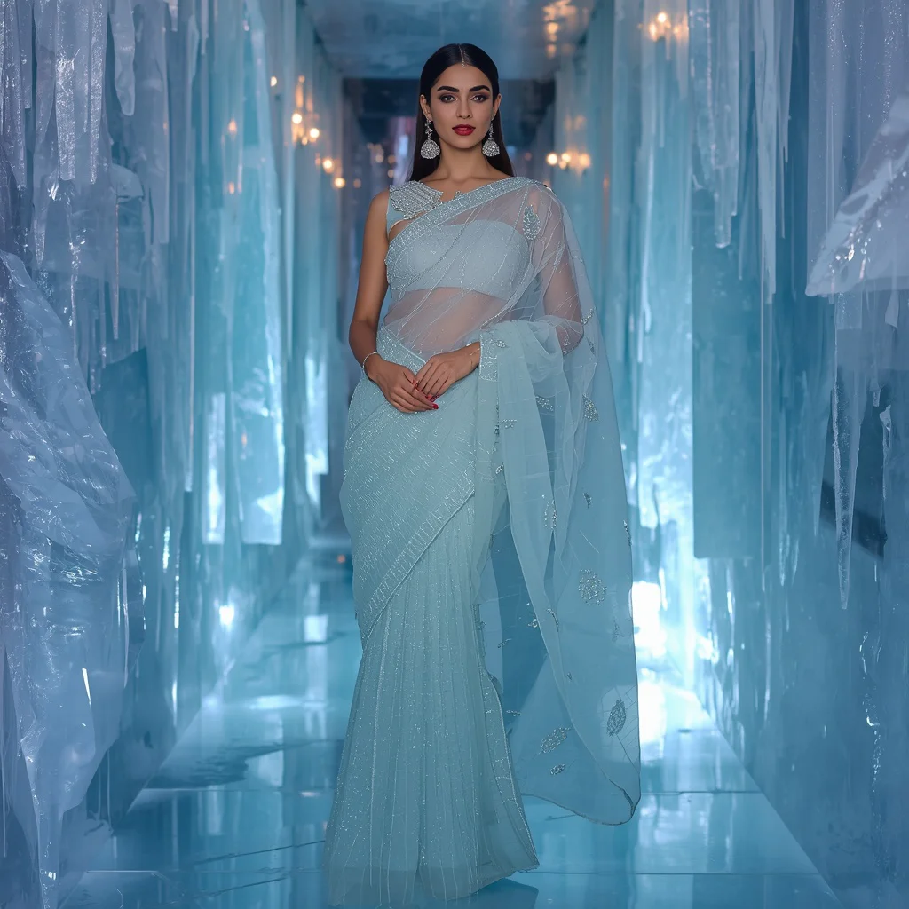 Luxury Ice Crystal Organza Saree Look with Frozen Aurora Corridor Background | trending photo prompt - Top 10 Modern Teen Saree AI Prompts for Fashion Design Workshops AI Prompt