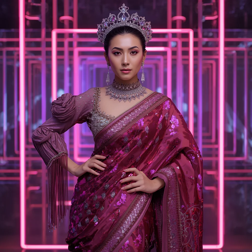 Magenta Crystal Crown Saree with Neon Geometry Gallery | Chatgpt prompt for saree look - Top 10 Charming Teen Saree AI Image Prompts for School Art Exhibitions AI Prompt
