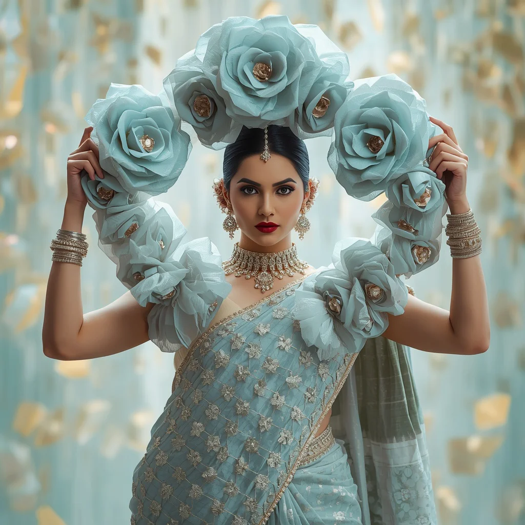 Massive Diamond Lattice & 3D Metallic Rose Saree | Pallu Front Lift Frame Pose | saree reel ai prompt - Best 10 Serene Child Saree AI Prompts for Forest Stream Contemplation AI Prompt