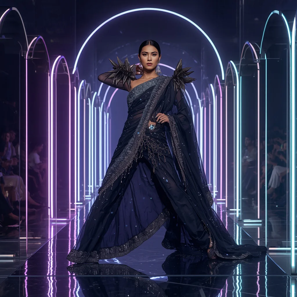 Midnight Celestial Flame Saree with Floating Halo Neon Sanctuaries | traditional prompt for gemini ai girl aesthetic - Glamorous Black and Gold Saree AI Prompts for Elegant Events AI Prompt