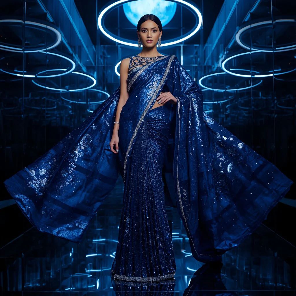 Midnight Sapphire Nebula Saree with Orbit Ring Atrium | prompt for traditional look for girl south indian - Best 10 Serene Child Saree AI Prompts for Garden Pond Reflections AI Prompt