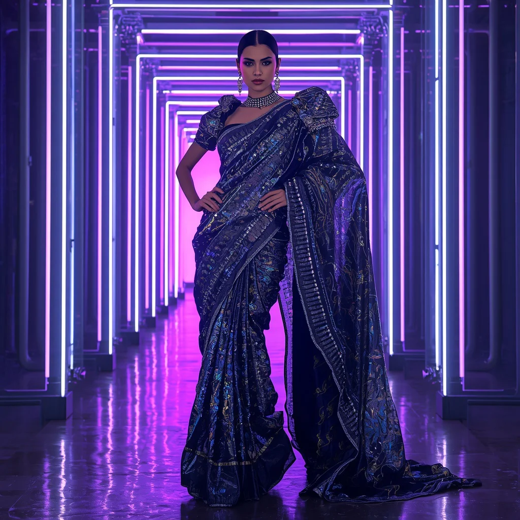 Midnight Solar Prism Saree with Floating Halo Neon Corridors | cinematic saree ai prompt - Glamorous Black and Gold Saree AI Prompts for Elegant Events AI Prompt