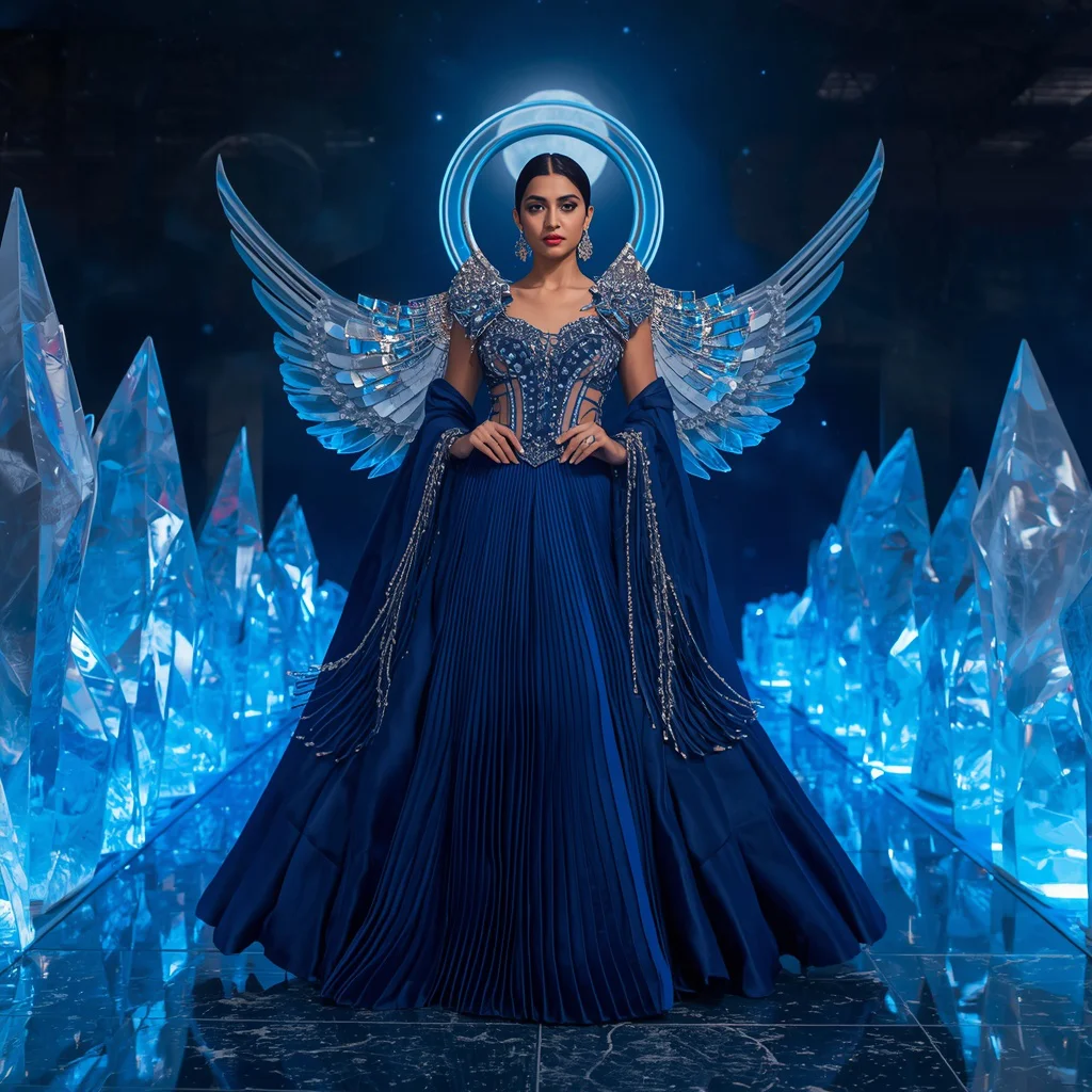 Modern Sapphire Moonlight Saree Couture with Floating Crystal Galaxy Bridge Background | prompt for Gemini AI girl modern saree - Best 10 Serene Child Saree AI Prompts for Garden Pond Reflections AI Prompt