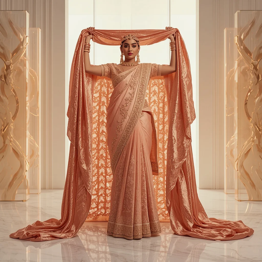 Molten Gold Ribbons & Heavy Zardozi Saree | Pallu Front Lift Frame Pose | ai prompt text to image - Best 10 Serene Child Saree AI Prompts for Forest Stream Contemplation AI Prompt
