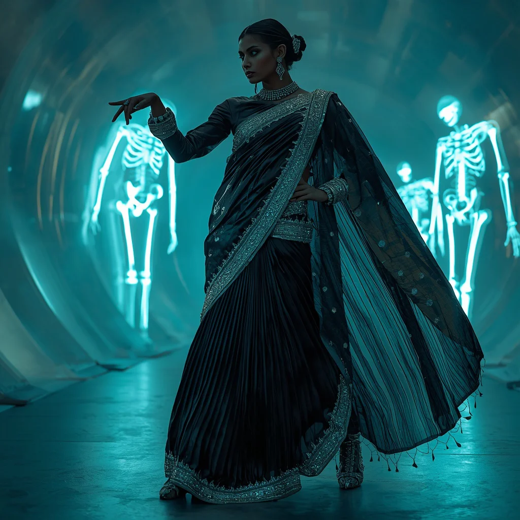 Neon Bone Structure Saree with Futuristic Skeleton Lights | prompt seen girl ai photo editing - Artistic Batik Print Saree AI Prompts for Bohemian Style AI Prompt