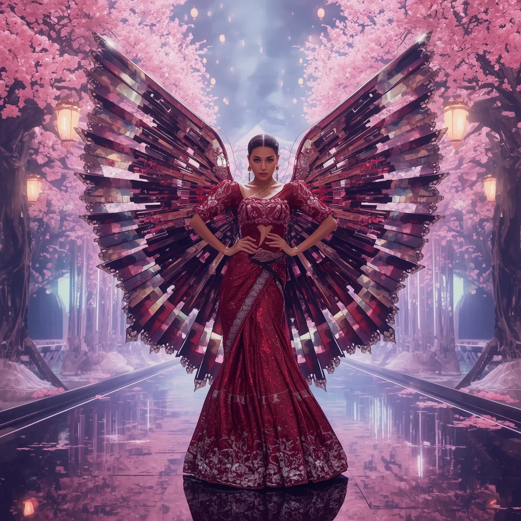 Neon Samurai Blossom Saree with Floating Cyber Sakura Empire | Traditional saree prompt in english images - Best 10 Artistic Child Saree AI Prompts for Cartoon Character Designs AI Prompt