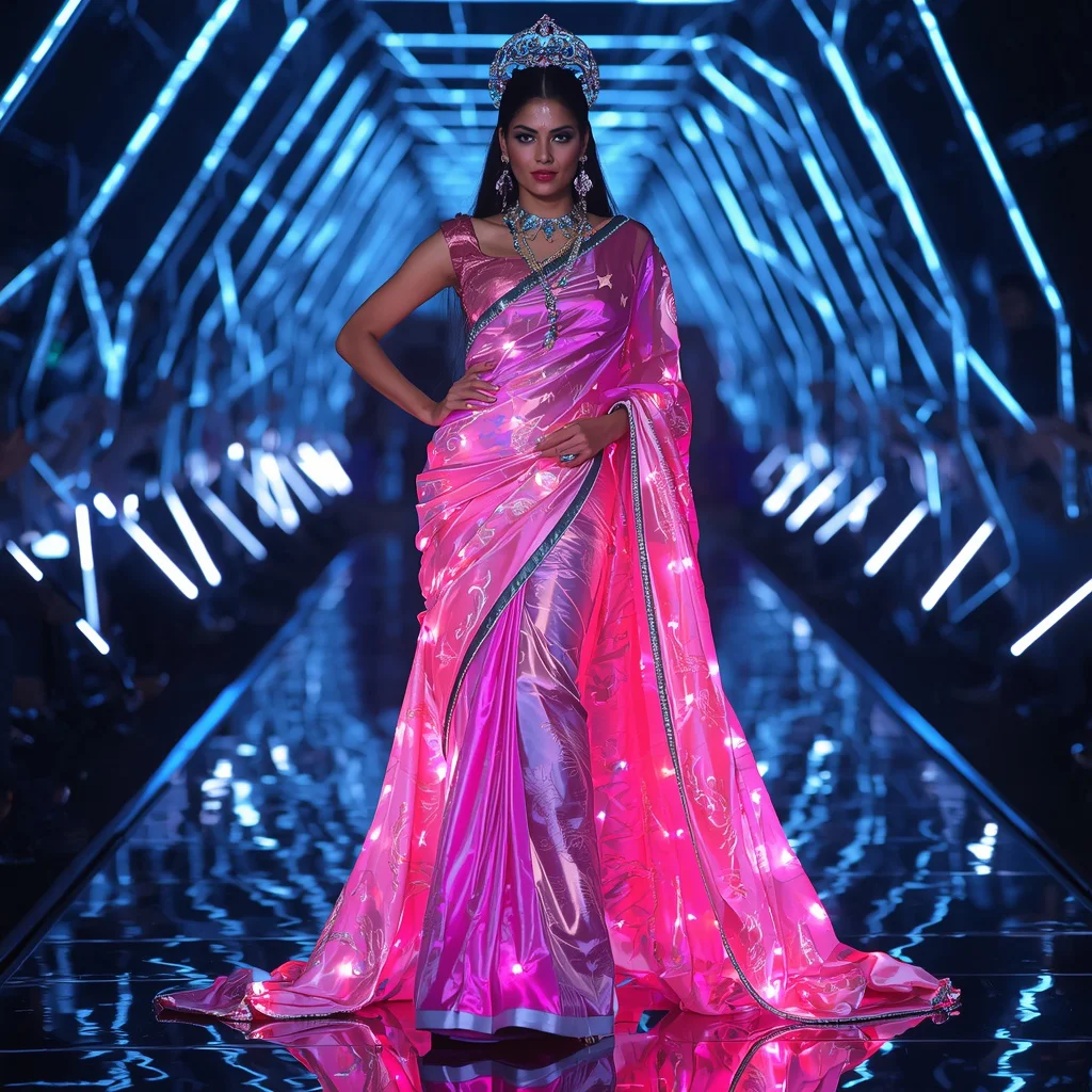 Neon Thunder Queen Saree – Futuristic Metallic Saree with Runway Walk Pose and Electric Cyber Tunnel Background | gemini traditional saree prompt - Ethereal Pastel Handloom Saree AI Prompts for Serene Retreats AI Prompt
