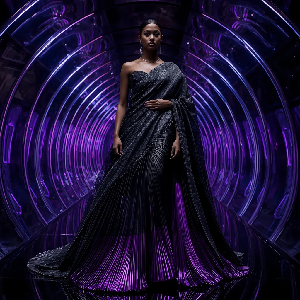 Obsidian Eclipse Couture Saree with Infinity Shadow Dome | chatgpt prompt for saree look for girl - Classic Khadi Saree AI Image Prompts for Authentic Simplicity AI Prompt