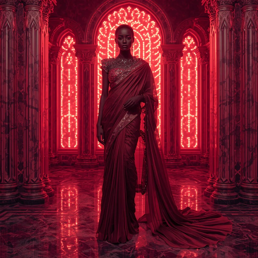 Obsidian Ruby Aurora Saree with Infinity Plasma Neon Cathedrals | prompt for ai image generator for professional photo - Classic Khadi Saree AI Image Prompts for Authentic Simplicity AI Prompt